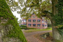 Verwaltungsgebäude aus rotem Backstein zwischen altem Baumbestand